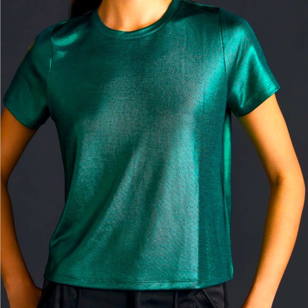 New Kim & Cami Green Metallic Top Short Sleeves Size Medium M